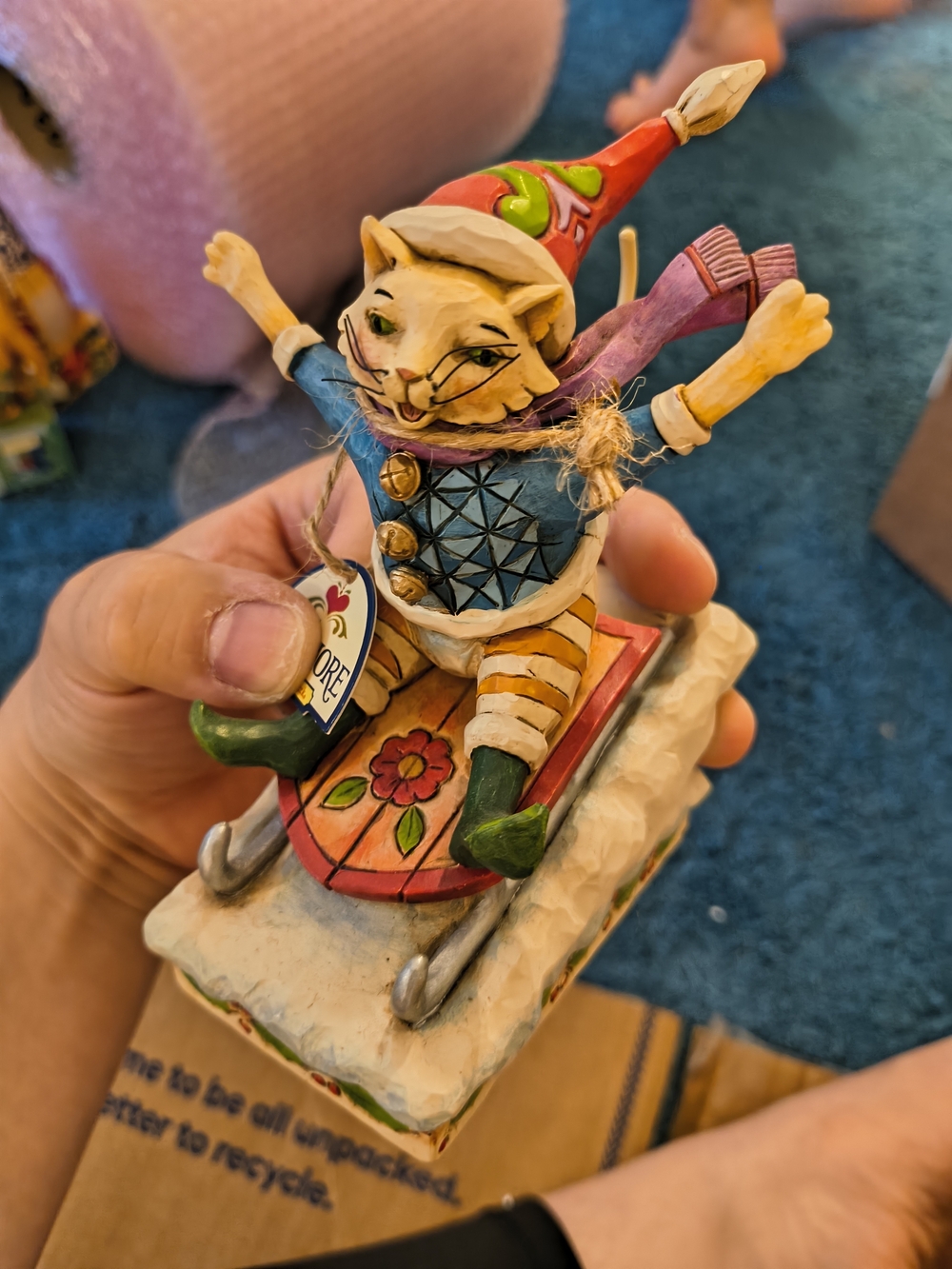 Jim Shore Multicolor Cat on Sled Figurine - Red, Green, Blue, Pink, Cream, Tan
